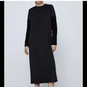 ZARA Black Long‎ Sleeve Tricot Trimmed Dress Size Small Sweater Sleeve